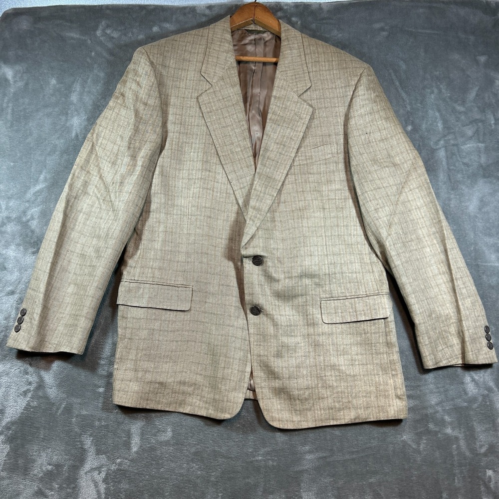 D'Urban Jacket Mens 44 Beige 100% Linen‎ Plaid Sport Coat Blazer Vtg Old Money